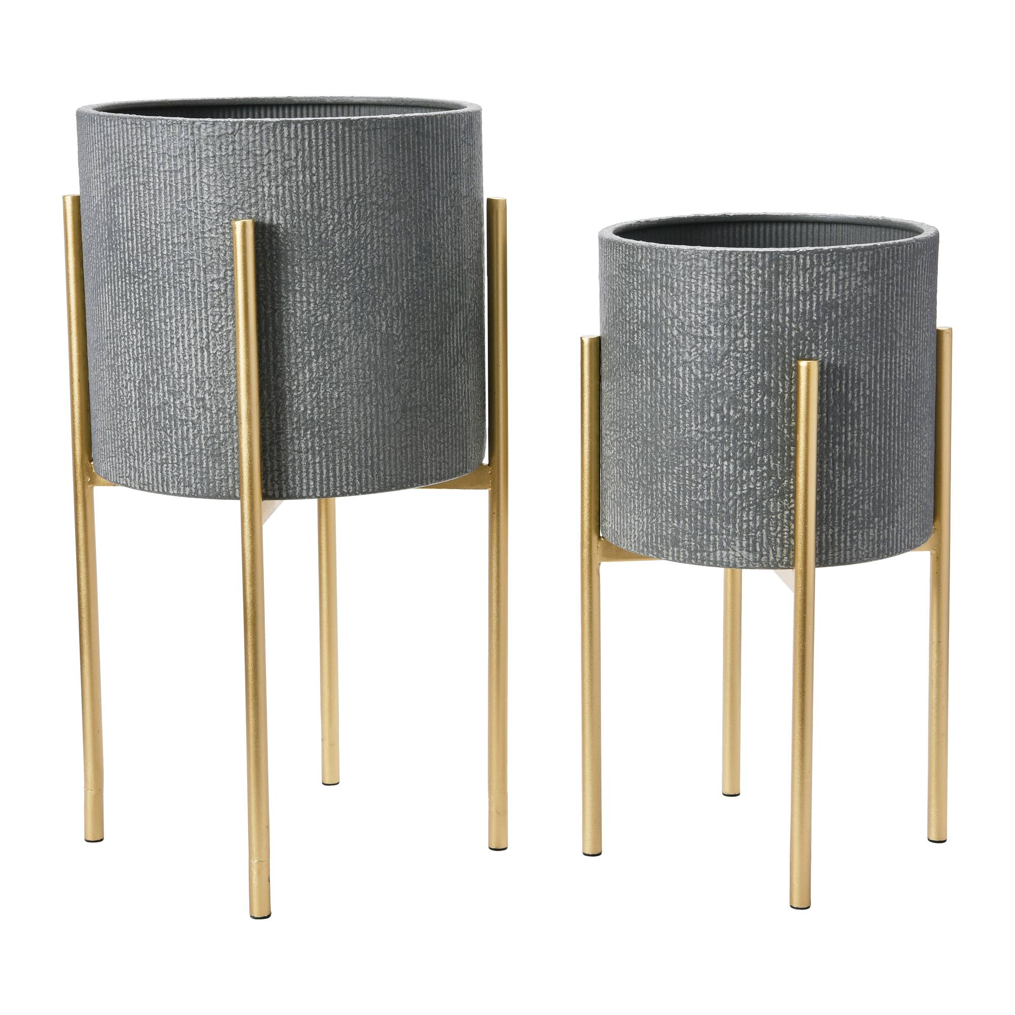 Hello Honey® Charcoal Grey & Gold Boho Embossed Metal Planters with Stands Set